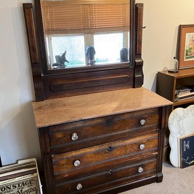 Antique American Eastlake Victorian walnut 3 drawer dresser and mirror