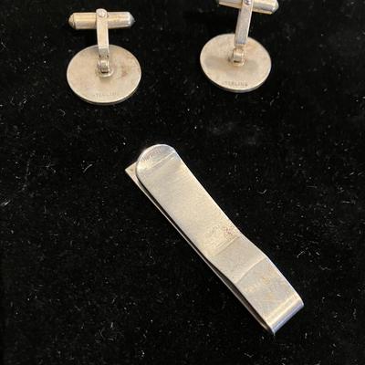 Sterling Cufflinks and Tie Clip with Pave Style Stones Vintage