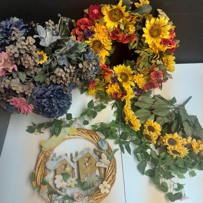 Faux Flowers, Flower Boquet in vase, Wreath, and wreath with birdhouses.