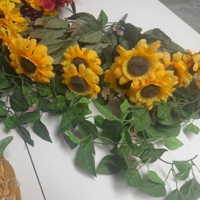 Faux Flowers, Flower Boquet in vase, Wreath, and wreath with birdhouses.