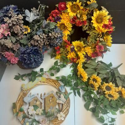 Faux Flowers, Flower Boquet in vase, Wreath, and wreath with birdhouses.