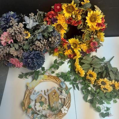 Faux Flowers, Flower Boquet in vase, Wreath, and wreath with birdhouses.