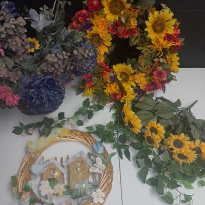 Faux Flowers, Flower Boquet in vase, Wreath, and wreath with birdhouses.