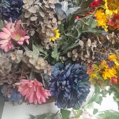 Faux Flowers, Flower Boquet in vase, Wreath, and wreath with birdhouses.