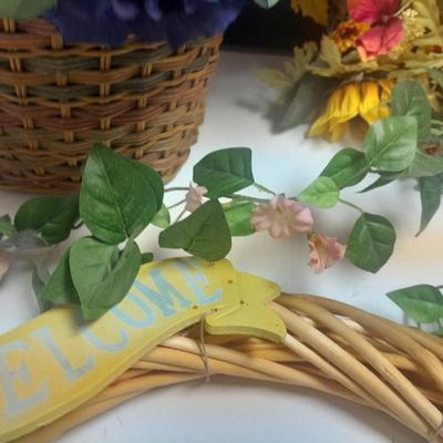 Faux Flowers, Flower Boquet in vase, Wreath, and wreath with birdhouses.