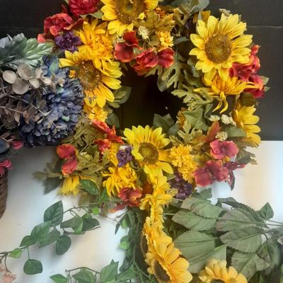 Faux Flowers, Flower Boquet in vase, Wreath, and wreath with birdhouses.
