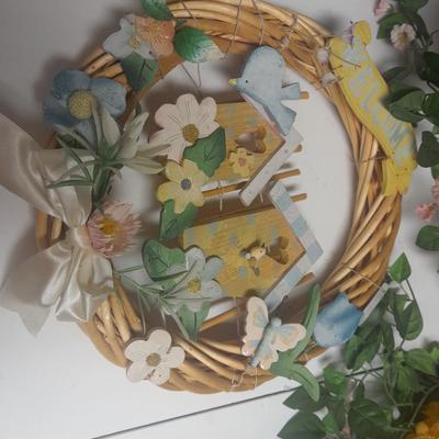 Faux Flowers, Flower Boquet in vase, Wreath, and wreath with birdhouses.