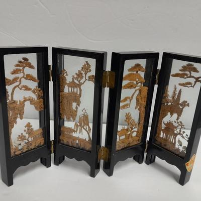 Modern Twist Desktop waterfall fountain and Vintage Carved Cork Art Diorama Tri Fold Table Decor Black Frame Asian SanYou