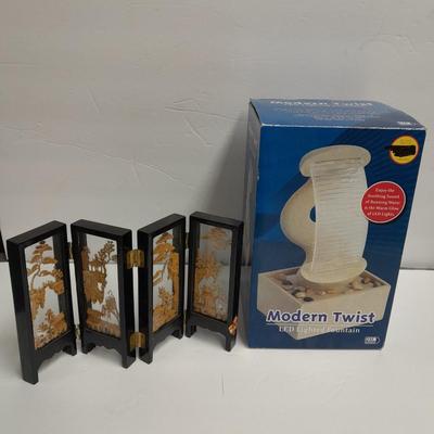 Modern Twist Desktop waterfall fountain and Vintage Carved Cork Art Diorama Tri Fold Table Decor Black Frame Asian SanYou