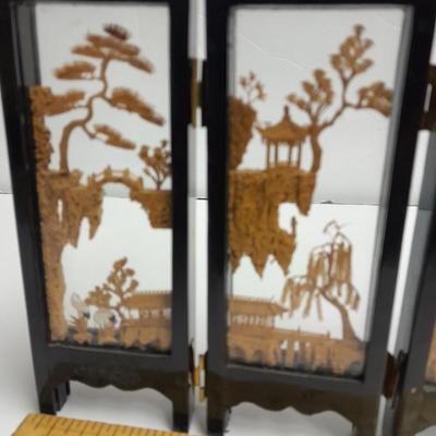 Modern Twist Desktop waterfall fountain and Vintage Carved Cork Art Diorama Tri Fold Table Decor Black Frame Asian SanYou