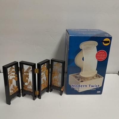 Modern Twist Desktop waterfall fountain and Vintage Carved Cork Art Diorama Tri Fold Table Decor Black Frame Asian SanYou