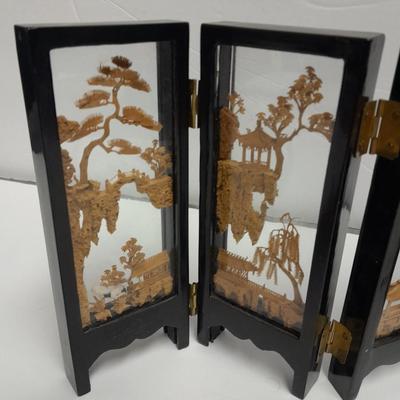 Modern Twist Desktop waterfall fountain and Vintage Carved Cork Art Diorama Tri Fold Table Decor Black Frame Asian SanYou