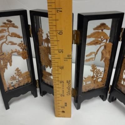 Modern Twist Desktop waterfall fountain and Vintage Carved Cork Art Diorama Tri Fold Table Decor Black Frame Asian SanYou