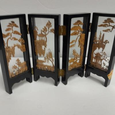 Modern Twist Desktop waterfall fountain and Vintage Carved Cork Art Diorama Tri Fold Table Decor Black Frame Asian SanYou