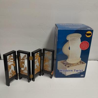 Modern Twist Desktop waterfall fountain and Vintage Carved Cork Art Diorama Tri Fold Table Decor Black Frame Asian SanYou