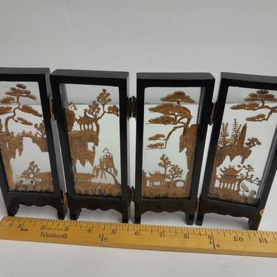 Modern Twist Desktop waterfall fountain and Vintage Carved Cork Art Diorama Tri Fold Table Decor Black Frame Asian SanYou