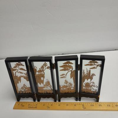 Modern Twist Desktop waterfall fountain and Vintage Carved Cork Art Diorama Tri Fold Table Decor Black Frame Asian SanYou