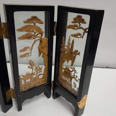 Modern Twist Desktop waterfall fountain and Vintage Carved Cork Art Diorama Tri Fold Table Decor Black Frame Asian SanYou