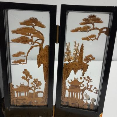 Modern Twist Desktop waterfall fountain and Vintage Carved Cork Art Diorama Tri Fold Table Decor Black Frame Asian SanYou