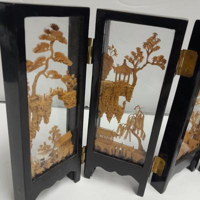 Modern Twist Desktop waterfall fountain and Vintage Carved Cork Art Diorama Tri Fold Table Decor Black Frame Asian SanYou