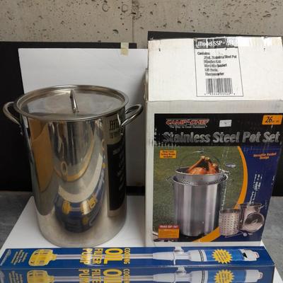 Camp Chef stainless-steel deep-fried turkey pot set with cooking oil filter pump