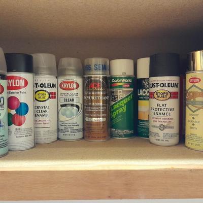 Assortment of Spray paints, full to nearly full bottles and lacquer and primers