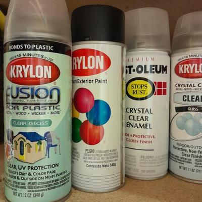 Assortment of Spray paints, full to nearly full bottles and lacquer and primers