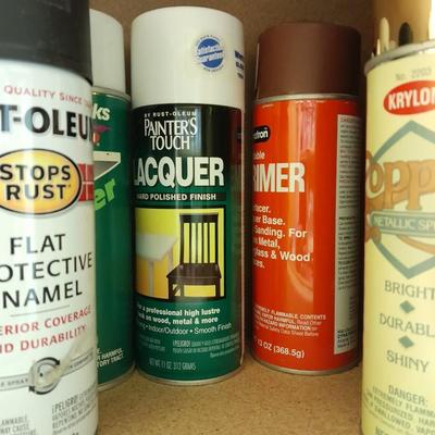 Assortment of Spray paints, full to nearly full bottles and lacquer and primers