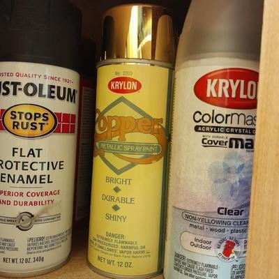 Assortment of Spray paints, full to nearly full bottles and lacquer and primers