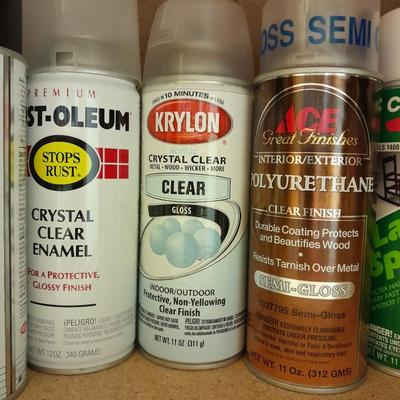Assortment of Spray paints, full to nearly full bottles and lacquer and primers