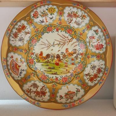 Vintage retro Folgers Butternut Coffee Can Tin Metallic Shiny Colors Bright with metal rooster bowl and more