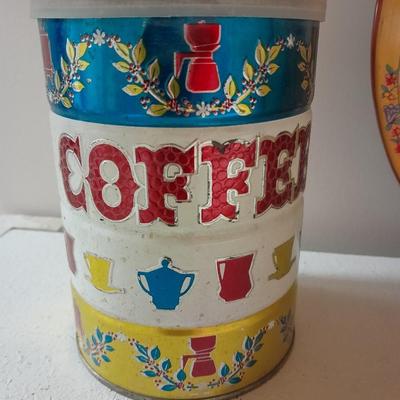 Vintage retro Folgers Butternut Coffee Can Tin Metallic Shiny Colors Bright with metal rooster bowl and more