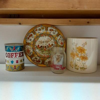 Vintage retro Folgers Butternut Coffee Can Tin Metallic Shiny Colors Bright with metal rooster bowl and more