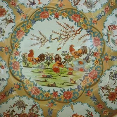 Vintage retro Folgers Butternut Coffee Can Tin Metallic Shiny Colors Bright with metal rooster bowl and more