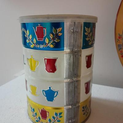 Vintage retro Folgers Butternut Coffee Can Tin Metallic Shiny Colors Bright with metal rooster bowl and more
