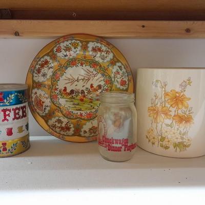 Vintage retro Folgers Butternut Coffee Can Tin Metallic Shiny Colors Bright with metal rooster bowl and more