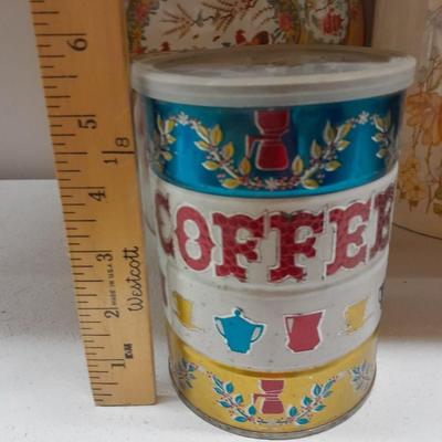 Vintage retro Folgers Butternut Coffee Can Tin Metallic Shiny Colors Bright with metal rooster bowl and more