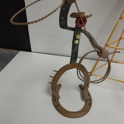 Woven wheat grass windmill, with Hardware made Horsehoe Roping cowboy.