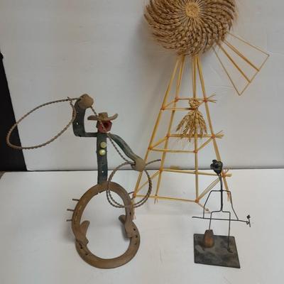 Woven wheat grass windmill, with Hardware made Horsehoe Roping cowboy.