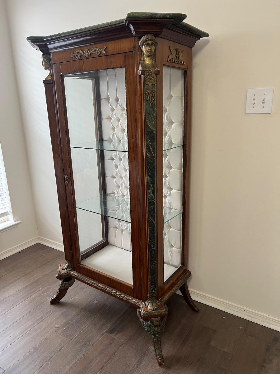 Antique Marble Top Curio Display Tufted Interior
