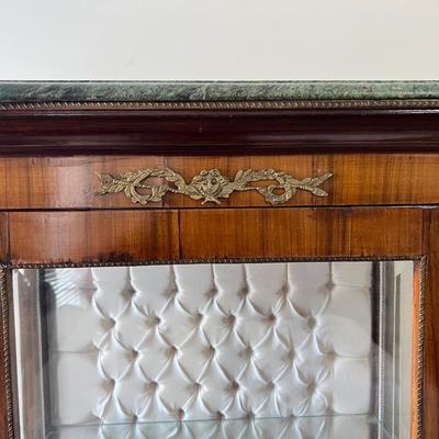 Antique Marble Top Curio Display Cabinet Tufted Interior