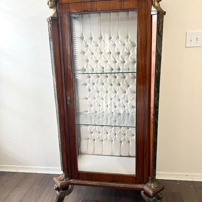 Antique Marble Top Curio Display Cabinet Tufted Interior