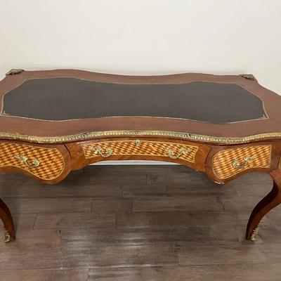 Vintage Oversized Inlaid Wood & Brass Writers Desk &  Chair *Read Details