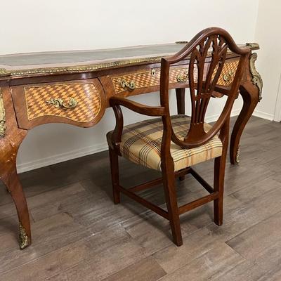 Vintage Oversized Inlaid Wood & Brass Writers Desk &  Chair *Read Details