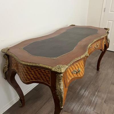 Vintage Oversized Inlaid Wood & Brass Writers Desk &  Chair *Read Details