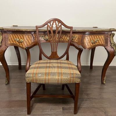 Vintage Oversized Inlaid Wood & Brass Writers Desk &  Chair *Read Details