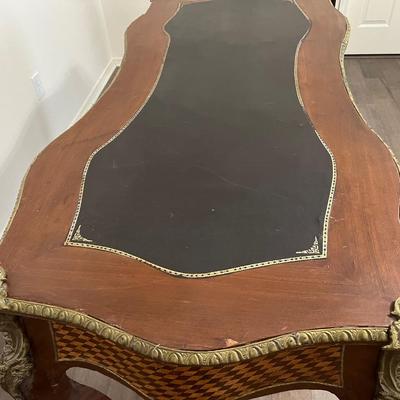 Vintage Oversized Inlaid Wood & Brass Writers Desk &  Chair *Read Details