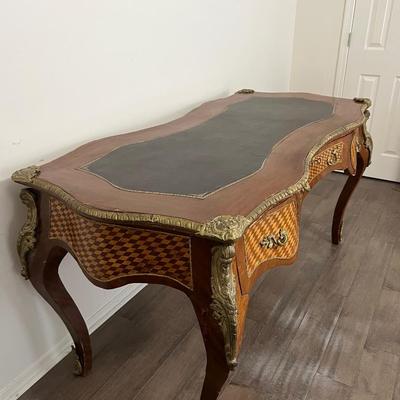 Vintage Oversized Inlaid Wood & Brass Writers Desk &  Chair *Read Details