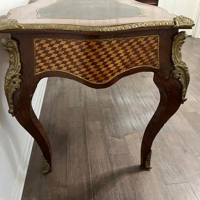 Vintage Oversized Inlaid Wood & Brass Writers Desk &  Chair *Read Details