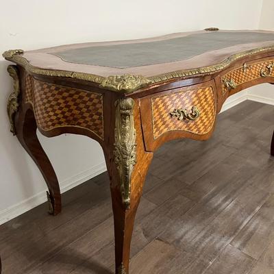 Vintage Oversized Inlaid Wood & Brass Writers Desk &  Chair *Read Details